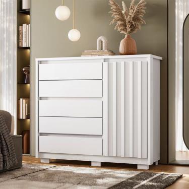 Imagem de Cômoda Sapateira Duetto 1 Porta 125cm MDF Branco com 5 Gavetas e Corrediça Telescópica
