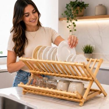 Imagem de Escorredor de Louças Dobrável 2 Andares Bambu Natural para Cozinha Org