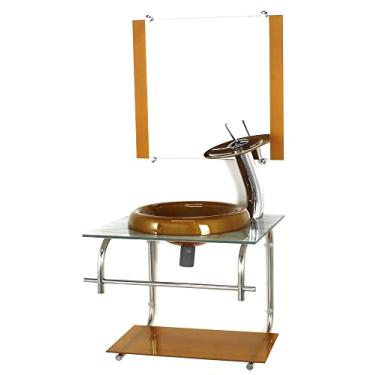 Imagem de GABINETE DE VIDRO 40CM INOX MARMORE BRANCO DOURADO COM TORNEIRA CASCATA