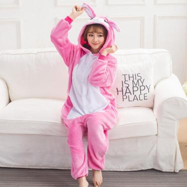 Imagem de Pijama Coelho AD Pink C/Branco Com Capuz+Bolso 100% Algodão Antialérgico