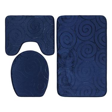 Imagem de Conjunto de tapetes de banheiro, kit de almofada de piso de capa de vaso sanitário de fibra de poliéster tricô apertado, 3 peças, bainha fina para banheiro (azul marinho)