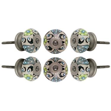 Imagem de TRINCA-FERRO Conjunto de 6 maçanetas redondas de cerâmica com acabamento cromado antigo maçanetas de porta de armário de cozinha cômoda guarda-roupa e puxador de gaveta