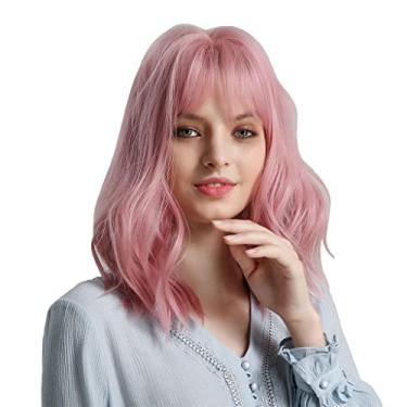 Imagem de 14 '' Consideravelmente Rosa Mulheres Peruca Ondulada Cosplay Anime Perucas De Festa W/Franja Plana