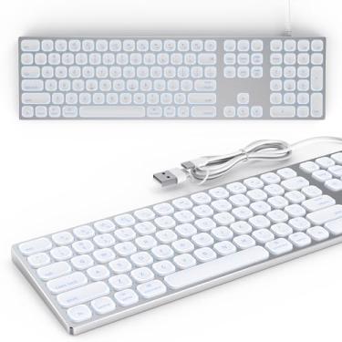 Imagem de Teclado retroiluminado de alumínio para Apple Mac OS, plug-n-Play, teclado com fio USB-A/USB-C com teclado numérico para iMac/Mac Mini ou MacBook Laptop, branco