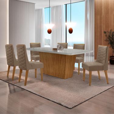 Imagem de Mesa para Sala de Jantar Aida 180cm MDF Canto Copo com Vidro e 6 Cadeiras Safira - Turim 07/Off White/Imbuia