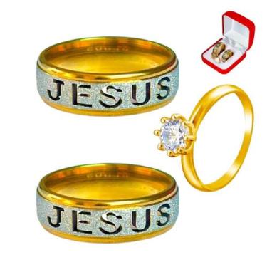 Imagem de Par Alianças Jesus Ouro 18k Anel + Anel Solitário 2mm Pedra Zircônia B