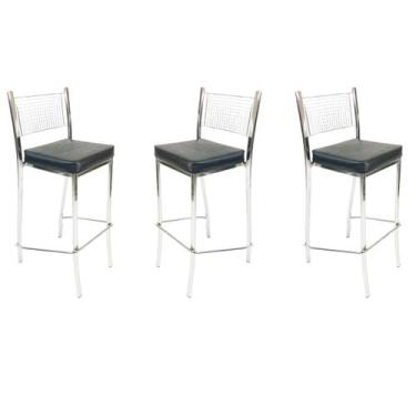 Imagem de Kit 3 Banquetas EMPILHÁVEL cromada Altura 65cm assento preto - Poltron