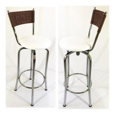 Imagem de Kit 2 Banquetas Cromada Giratória Alta Cozinha Assento Branco Encosto 