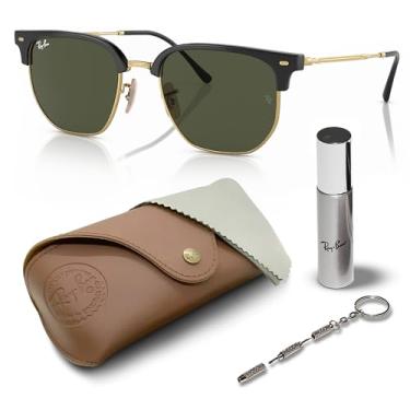 Imagem de Ray-Ban RB4416 NOVO CLUBMASTER Óculos de sol quadrados com kit de óculos – protetores de nariz ajustáveis, Armação preta polida em ouro | Lente verde, 53mm