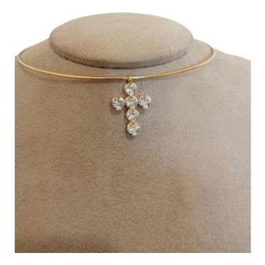 Imagem de Colar Chocker Cruz Crucifixo Pedra Zirconia Folheado A Ouro - De Castr