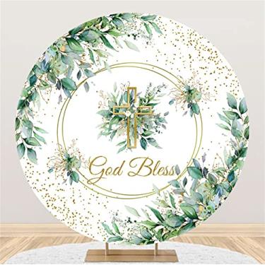 Imagem de DORCEV Capa de fundo redonda God Bless 2,2 x 2,2 m, poliéster, para crianças, primeira comunhão, fundo redondo, dourado, glitter, pontos verdes, folhas de eucalipto, chá de bebê recém-nascido, 1º