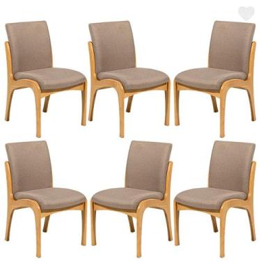 Imagem de Kit 6 Cadeiras de Jantar Estofada Lisboa Madeira Mel Linho Marrom Clar