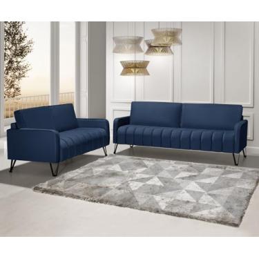 Imagem de Conjunto Sofá Living 3 E 2 Lug. Savana - Pé De Ferro - Veludo Azul