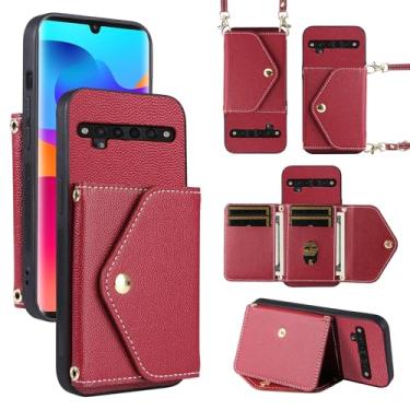 Imagem de Dibosom Capa carteira minimalista para TCL 10 Pro com alça de ombro, bolsa fina e fina, suporte de cartão de crédito de couro PU, acessórios para celular TCL 10 Plus TCL10Pro TLC 10Pro T799B vermelha