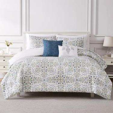 Imagem de Modern Threads Conjunto de edredom estampado de 5 peças, Matisse King em ouro branco – edredom macio, 2 fronhas e 2 travesseiros decorativos