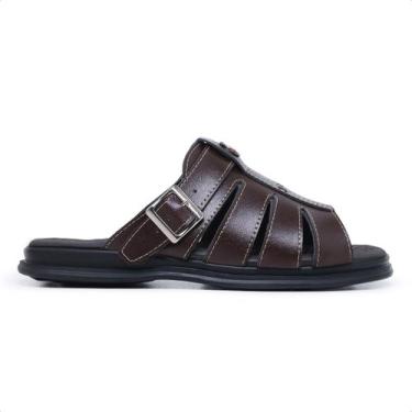 Imagem de Sandália de Couro PU Masculina - Borrasqui Outlet, Marrombrilhante, 40