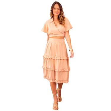 Imagem de Conjunto feminino blusa e saia midi com babados em crepe com forro rom