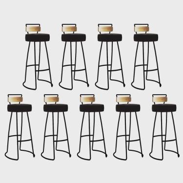 Imagem de Kit 09 Banqueta Alta Alice Bar Balcão Cozinha Com Encosto Madeira Ferro Preto Corino Marrom - Ahz Móveis