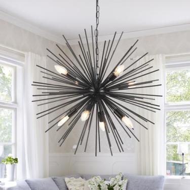 Imagem de Karjearl Lustres Pretos Para Sala De Jantar, Luminárias De Lustre Sputnik Grande De 8 Lâmpadas De 25" Com Corrente, Lustre Globo Moderno De Meados Do Século Para Sala De Estar, Hall De Entrada E Co