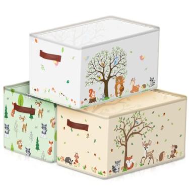 Imagem de Boao Pacote com 3 cestas de armazenamento de animais da floresta para presentes, caixas dobráveis grandes de armazenamento de animais da floresta, urso raposa, guaxinim, cesto de roupa suja dobrável