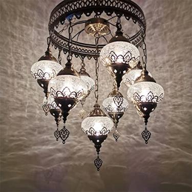 Imagem de errzom Lustre Com Fio Estilo Boho Turco Marroquino Em Mosaico, Luminária Pendente De Teto, 9 Globos Grandes Para Quarto, Cozinha, Sala De Jantar, Bar, Sala De Estar, Iluminação Decorativa