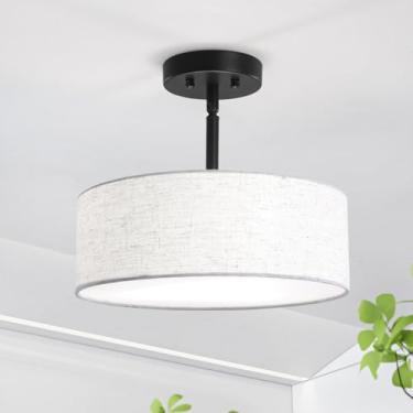 Imagem de ALISADABOY Lustres Pretos Com Abajur Lustre Moderno De 12,59 Polegadas Contemporâneo 3 Luzes Semi-Embutidas Luminária De Teto Tambor Luminária Para Cozinha Entrada Closet Corredor Quarto