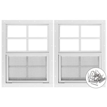 Imagem de Pacote com 2 janelas de galpão 30,5 cm L x 40,6 cm A, janela de montagem embutida branca com vidro temperado e tela removível para casas de brinquedo, galpões, garagens e galinheiros
