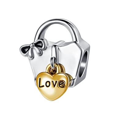Imagem de QeenseKc Bolsa de compras feminina, berloque, passatempo, amor, miçanga para pulseira Pandora, Metal, Base