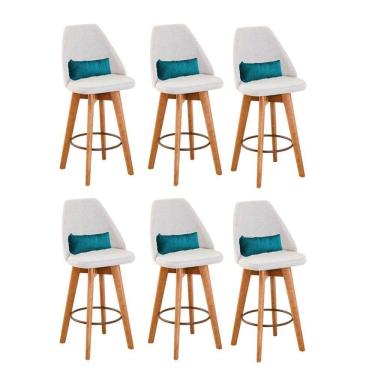 Imagem de Kit 06 Banquetas Linho Bege E Almofada Azul Turquesa