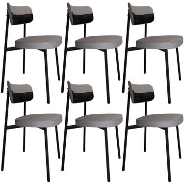 Imagem de Kit 06 Cadeiras Estofada Para Sala De Jantar Astrid Preto C01 Linho Cinza Courino Preto - Lyam Decor