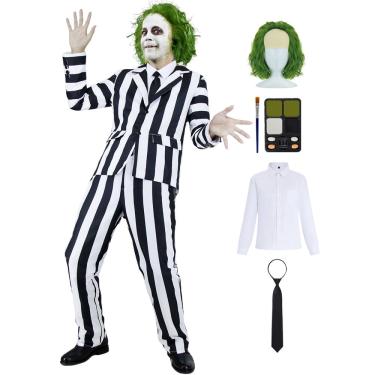 Imagem de Terno listrado em preto e branco, trajes masculinos assustadores de Halloween, comédia de terror para adultos, personagem de filmes, roupa de cosplay