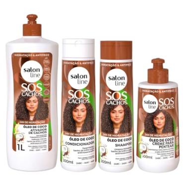 Imagem de Kit Óleo de Coco com Shampoo, Condicionador, Ativador 1L e Creme de Pentear Salon Line