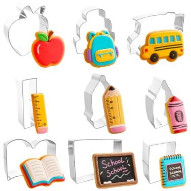 Imagem de Conjunto de 9 peças de cortadores de biscoito de volta às aulas, molde de biscoito com tema escolar de aço inoxidável, inclui régua de lápis de maçã, caderno, ônibus escolar, quadro-negro, mochila