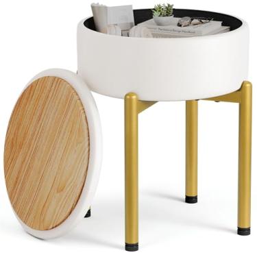 Imagem de Memobarco Banqueta de couro de 45 cm com armazenamento, banco de vaidade com 4 pernas de metal dourado e pés ajustáveis antiderrapantes, banco otomano de armazenamento redondo com assento acolchoado