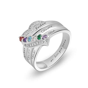 Imagem de Anel de pedra do mês de nascimento de coração personalizado com 1 a 8 nomes, mãe, filha, anel para mãe, avó, nana, Strass, Zircônia cúbica
