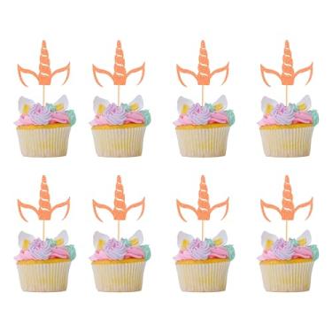 Imagem de Arthsdite 24 peças de enfeite de cupcake de chifre de unicórnio palhetas de cupcake de unicórnio para chá de bebê aniversário casamento festa de noivado suprimentos de decoração de bolo - glitter ouro