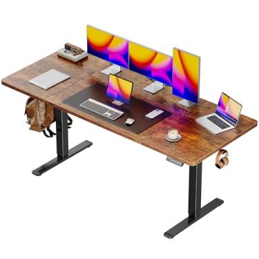 Imagem de Huuger Mesa elétrica grande de 150 x 71 cm, mesa de computador com altura ajustável, mesa de 70 cm de profundidade, mesa de escritório para jogos de pé com 2 ganchos, 3 alturas predefinidas, para