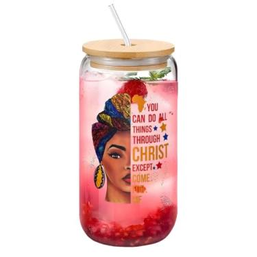 Imagem de Yipaidel Copo de vidro tribal feminino afro-americano com citações menina negra 473 ml, copo de café gelado com tampas de bambu e canudo, bebida em forma de lata de cerveja, presentes inspiradores