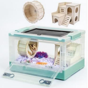 Imagem de Wedoelsim Gaiolas Dobráveis e Portáteis para Hamster com Rodas e Habitats com Castelos e Roda de Exercício, Adequadas para Porquinhos da Índia, Ratos e Outros Pequenos Animais (Azul Transparente)