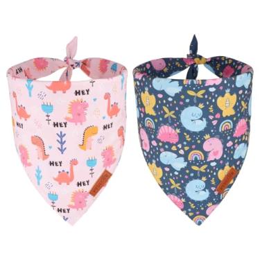 Imagem de PTDECOR Bandana para cães dinossauros, babador reversível com design de dinossauros fofos, tecido durável premium, bandanas ajustáveis rosa azul para cães GG (GG)