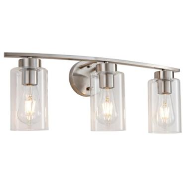 Imagem de Luminária de banheiro de níquel escovado de 22,4 polegadas, luminária moderna de 3 luzes sobre o espelho, arandelas de parede de banheiro para espelho sala de estar quarto corredor, persiana de vidro