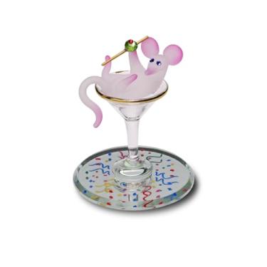 Imagem de Glass Baron Estatueta Martini Mouse, soprada à mão e esculpida com detalhes em ouro 22k e cristal austríaco, base espelhada chanfrada, vidro aerógrafo e jateado