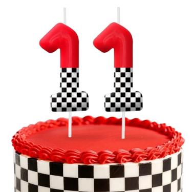 Imagem de Velas de aniversário de carro de corrida, decoração de topo de bolo de 6 cm, bandeira quadriculada número 11 velas, decorações de aniversário, decorações de bolo de festa de aniversário, suprimentos