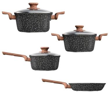 Imagem de Conjunto de Panelas Colorstone Indução Wooden - Alumínio com Antiaderente com Tampa de Vidro - 4 Peças - Euro Home