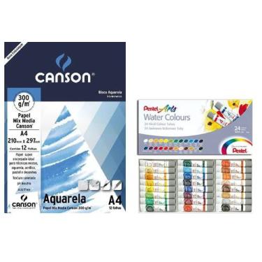 Imagem de Kit Papel Canson Aquarela 300gr+Aquarela Pentel WFRS 24 cores