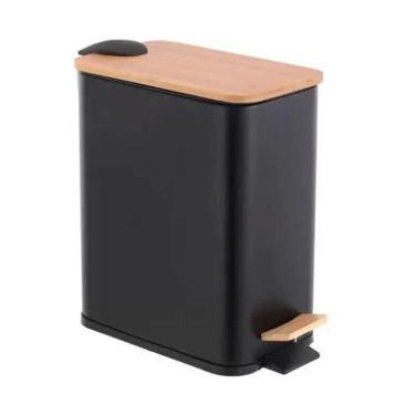 Imagem de Lixeira Metal E Bambu Banheiro Cozinha Quadrada Preta 5L