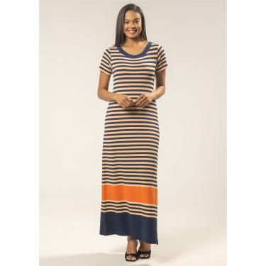 Imagem de Vestido Longo Pau a Pique Listrado Azul Marinho e Laranja