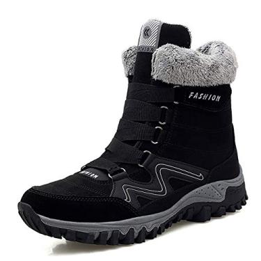 Imagem de Bigfanshu Botas de neve masculinas de inverno pretas para manter aquecidas, sapatos casuais para trabalho de inverno, tênis de couro, botas de cano alto, moda masculina, oxfords de cano médio, botas de caminhada sem cadarço e sem cadarço, Preto, 43 BR G