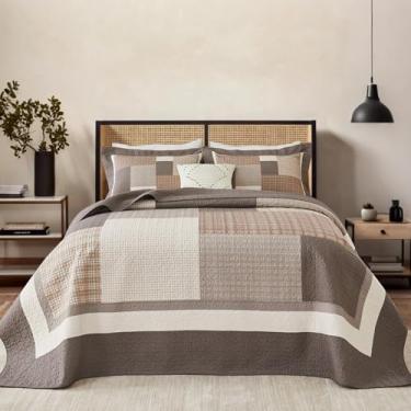 Imagem de SOElinens Colchas King extragrandes 128 x 120 extra largas - Conjunto de colcha xadrez reversível California King, 3 peças, leve e fino, conjunto de cama com edredom Cal King, marrom/bege