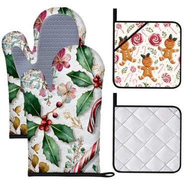Imagem de BVBOX Conjunto de 4 luvas de forno e pegadores de panela de Natal resistentes ao calor com superfície de silicone antiderrapante para cozinha, cozinhar, assar, grelhar (Candy Gingerbread Man, conjunto